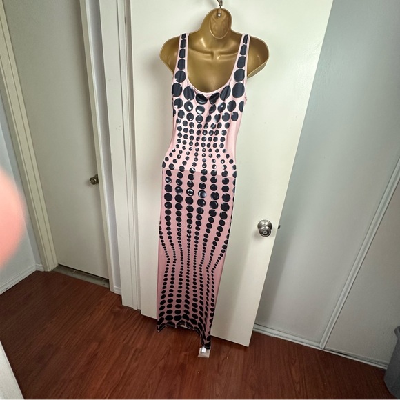 Mew Mew Ishi Black Dot Printed Form Fitting Women’s Maxi Dress In Blush NWT S - Picture 10 of 16